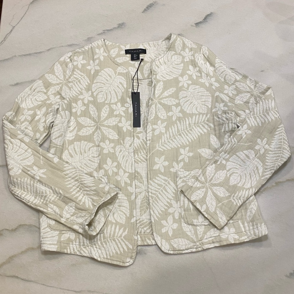 Tahari Jacket size Small Linen Cotten Blend Tan White NWT